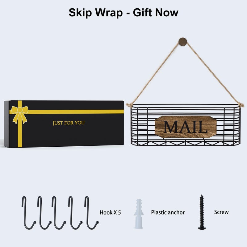SRIWATANA Mail Holder, Rustic Mail Organizer Wall Mount Hanging Mail Sorter Letter Basket with 5 Key Holder for Wall, Large, Carbonized Black - Image 4